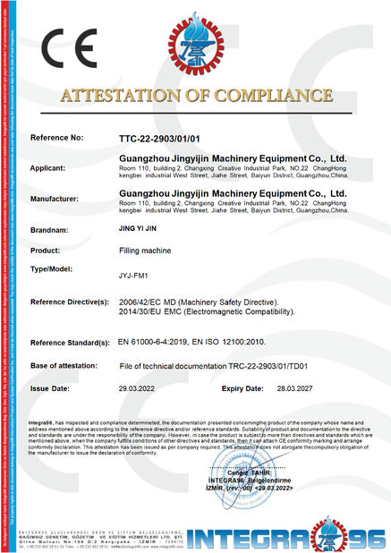 Cina Guangzhou Jingyijin Machinery Equipment Co., Ltd Sertifikasi